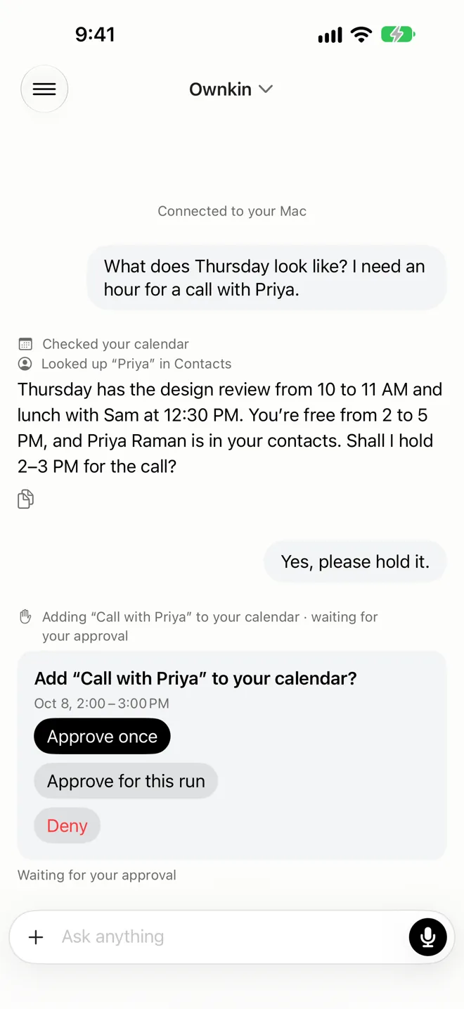 Ownkin checked the calendar and contacts, then asks for approval before adding a call to the calendar.