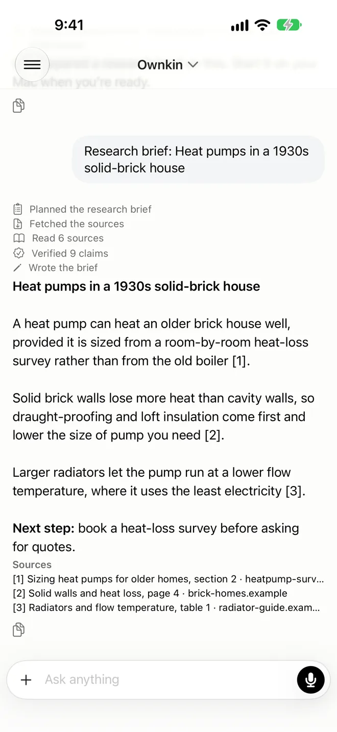 A research brief about heat pumps in a brick house, with planning, reading and verifying steps and three cited sources.